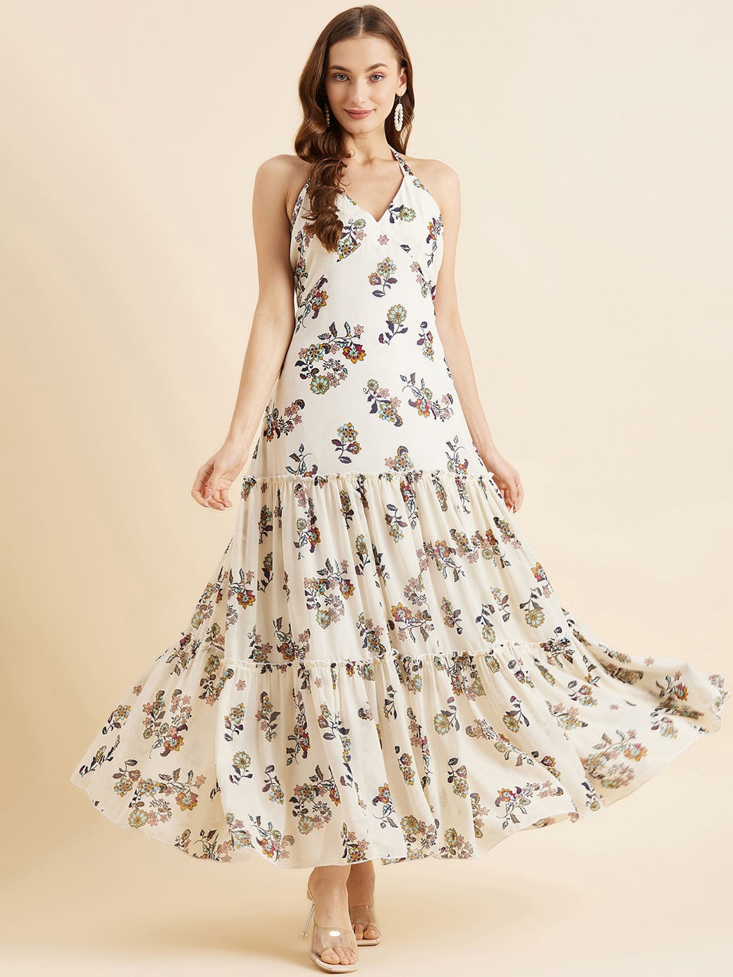 PANIT White Floral Print Ethnic Dress
