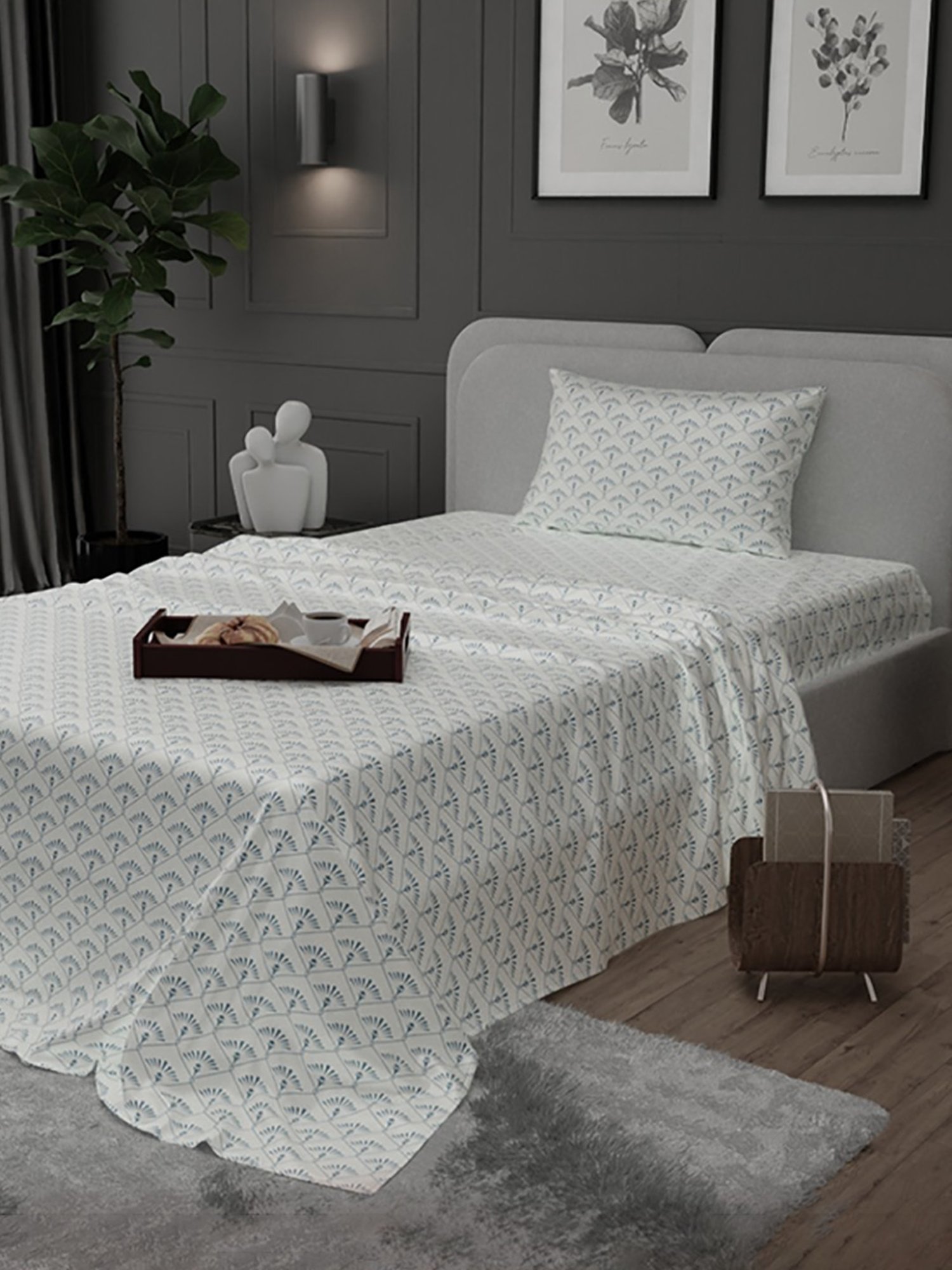 Stoa Paris Elegance Blue Polyester 300 TC Sateen Single Size Bed Sheet With 1 Pillow Cover