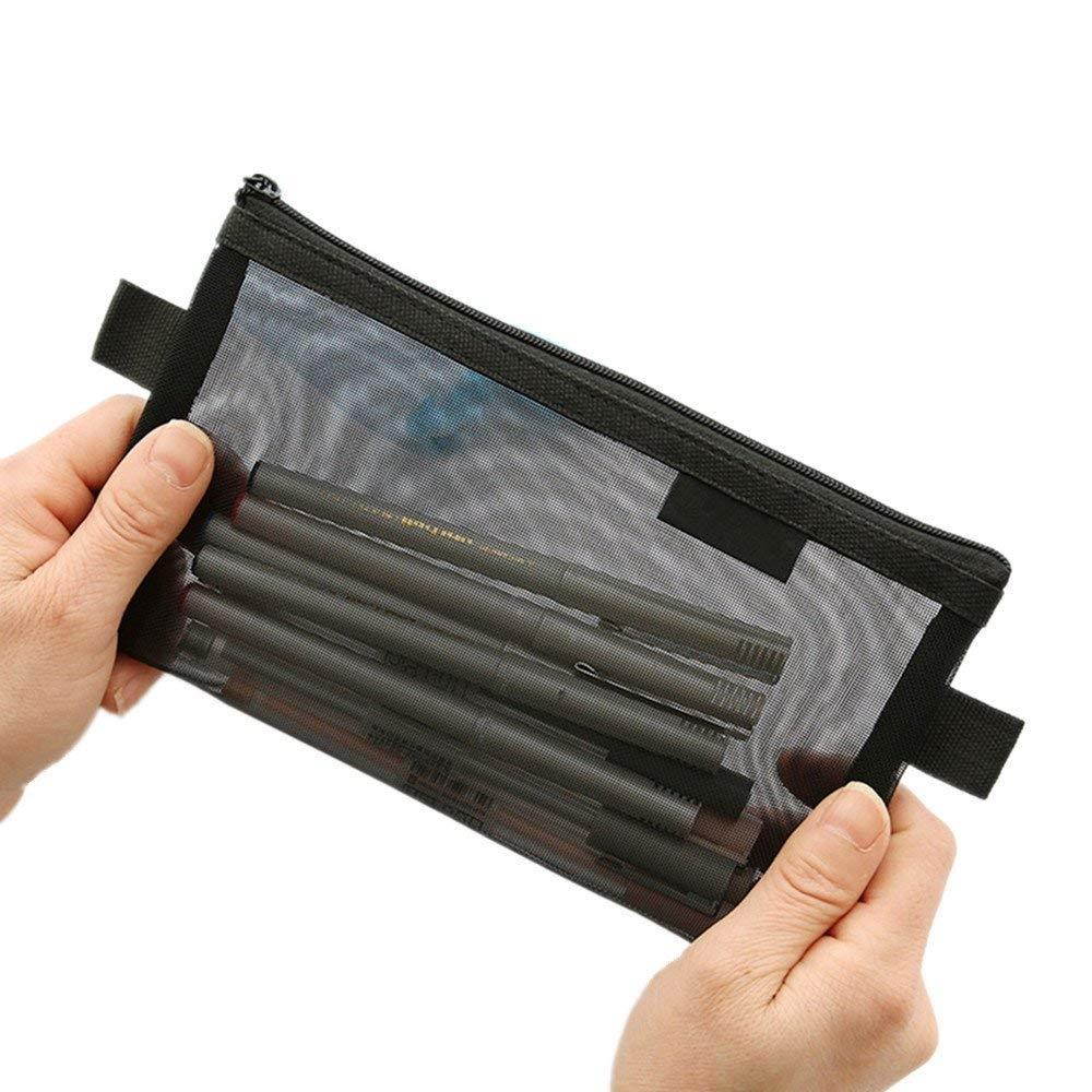 Funnylive Set of 3;Solid Color Mesh Zipper Pencil Case Transparent Mesh Pencil Case Black, Gray, White Pencil Case Student Stationery Office Bill Receive Bag