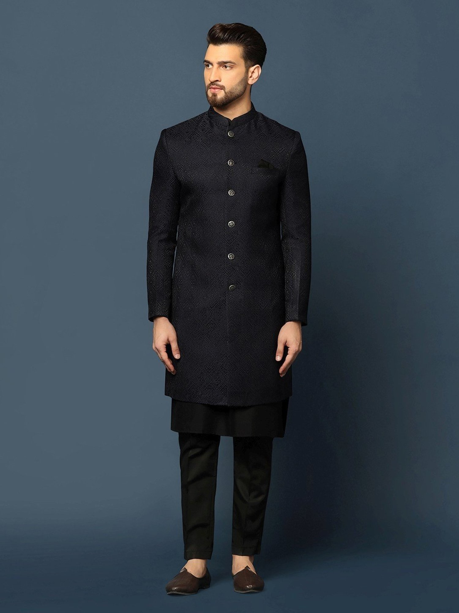 KISAH Navy Cotton Regular Fit Self Pattern Sherwani Set