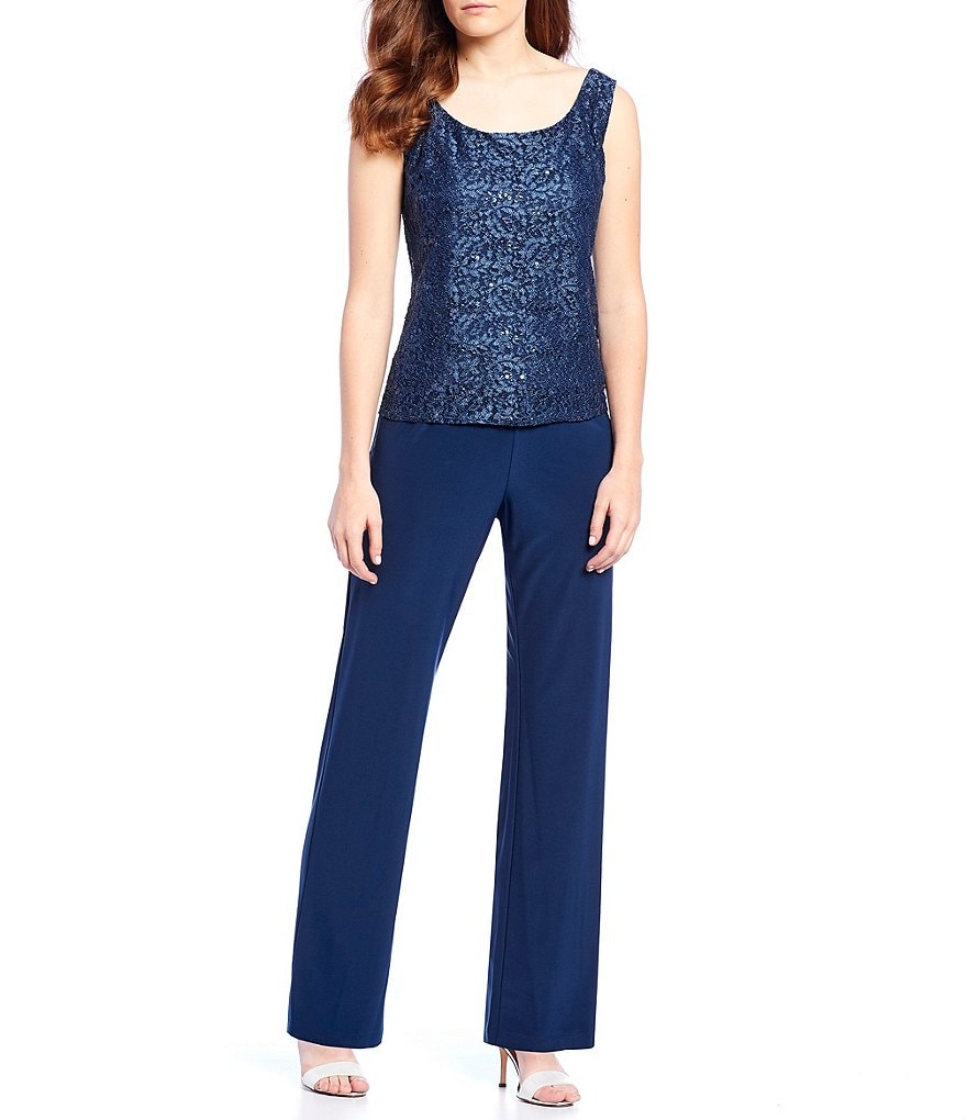 R & M Richards 3-Piece Sequin Glitter Scallop Lace Duster Pant Set