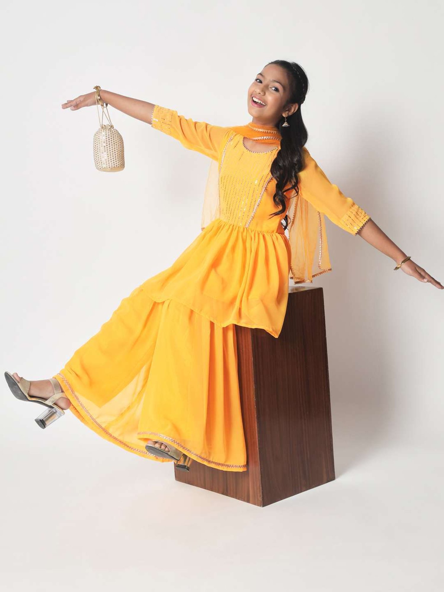 studiorasa Kids Yellow Embroidered Kurti Set