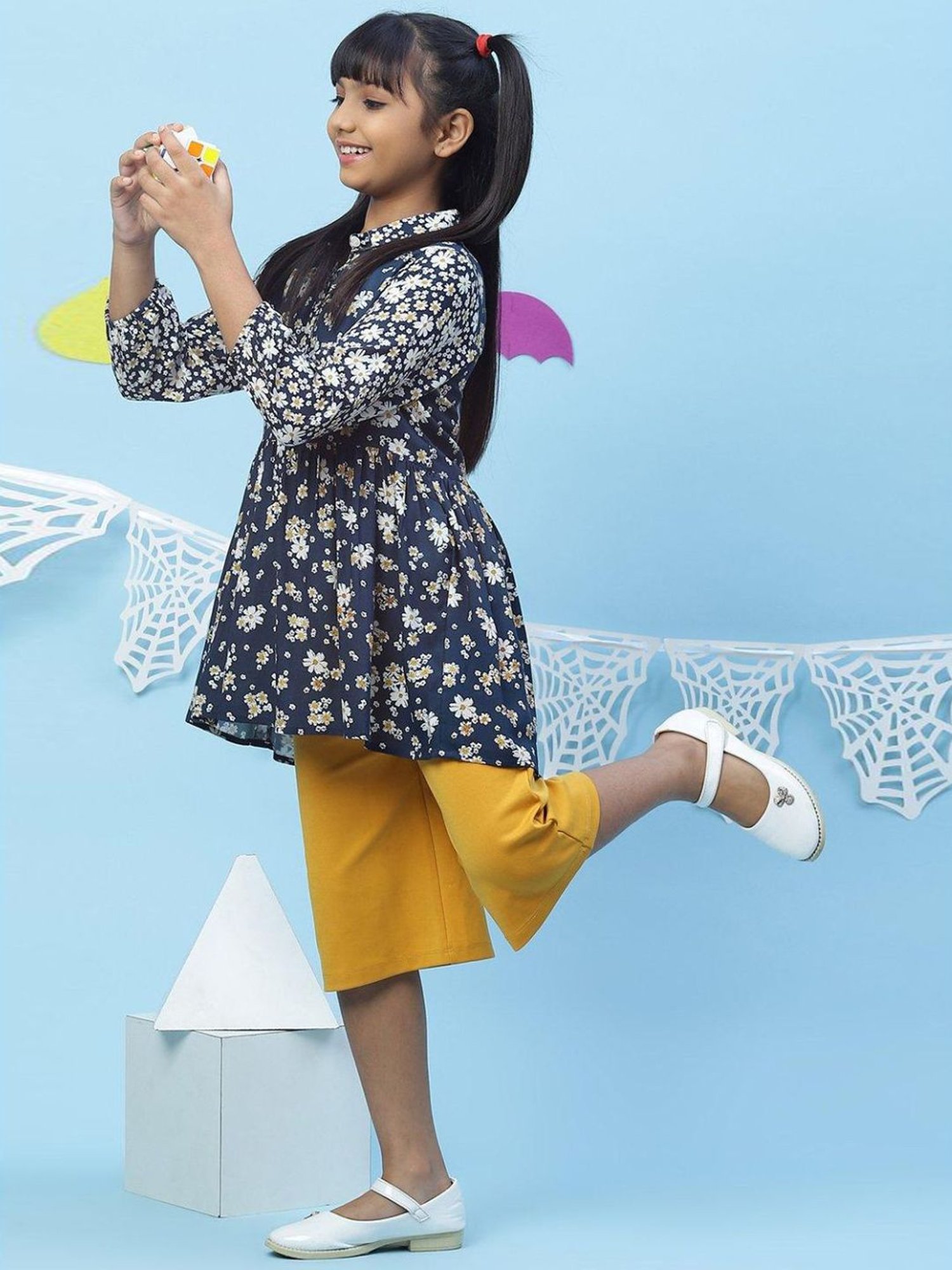 BIBA Girls Navy Floral Print Dress