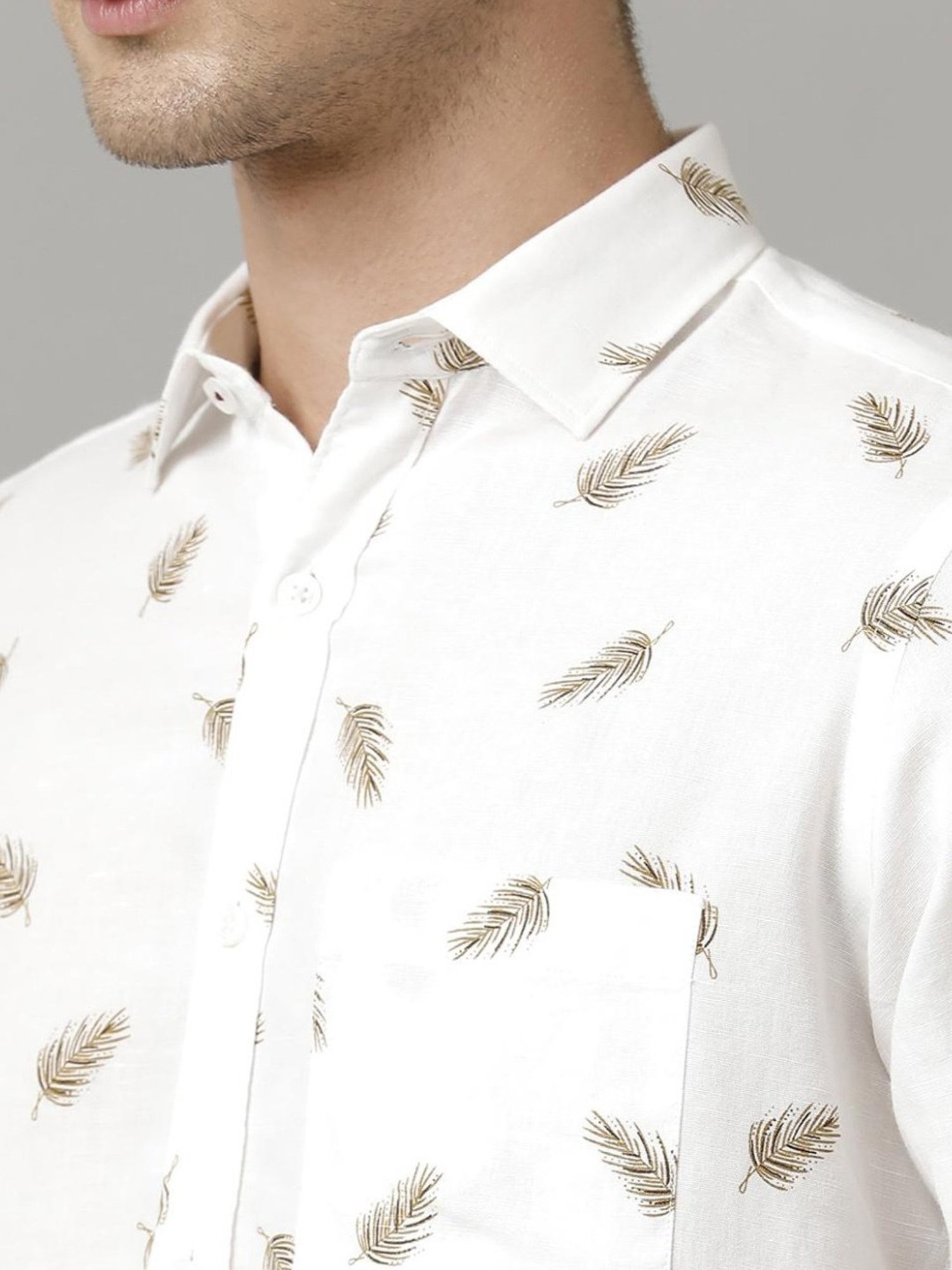 Linen Club White Linen Contemporary Fit Printed Shirt