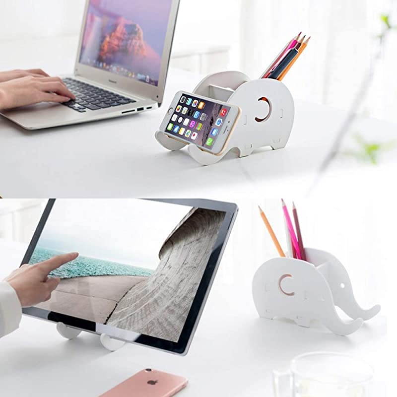 Elephant Cell Phone Stand, Set of 2 Elephant Phone Tablet Desk Pen Pencil Bracket Holder, Desk Decoration Organizer-Pink+White