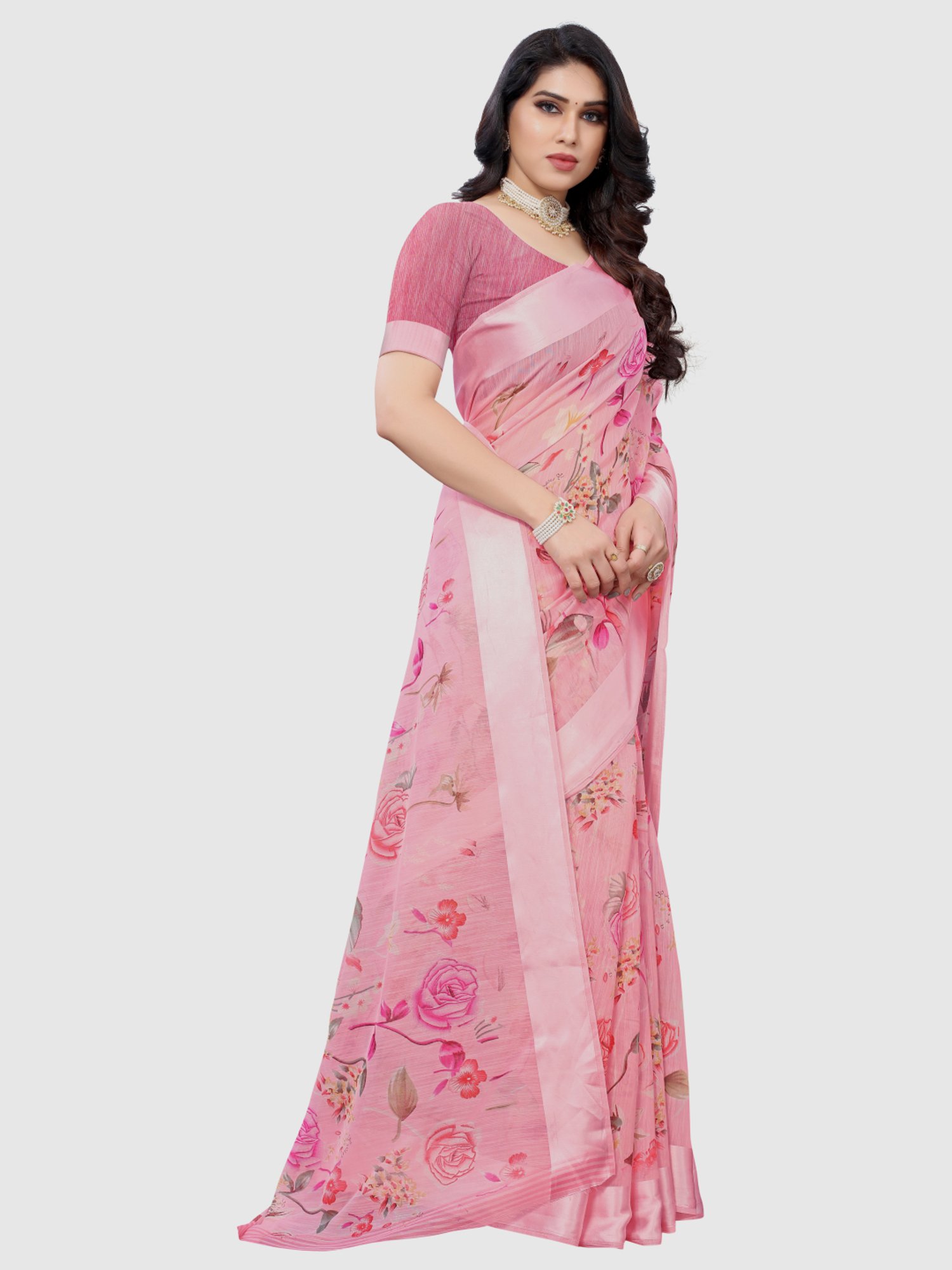 KSUT Pink Floral Print Saree With Unstitched Blouse