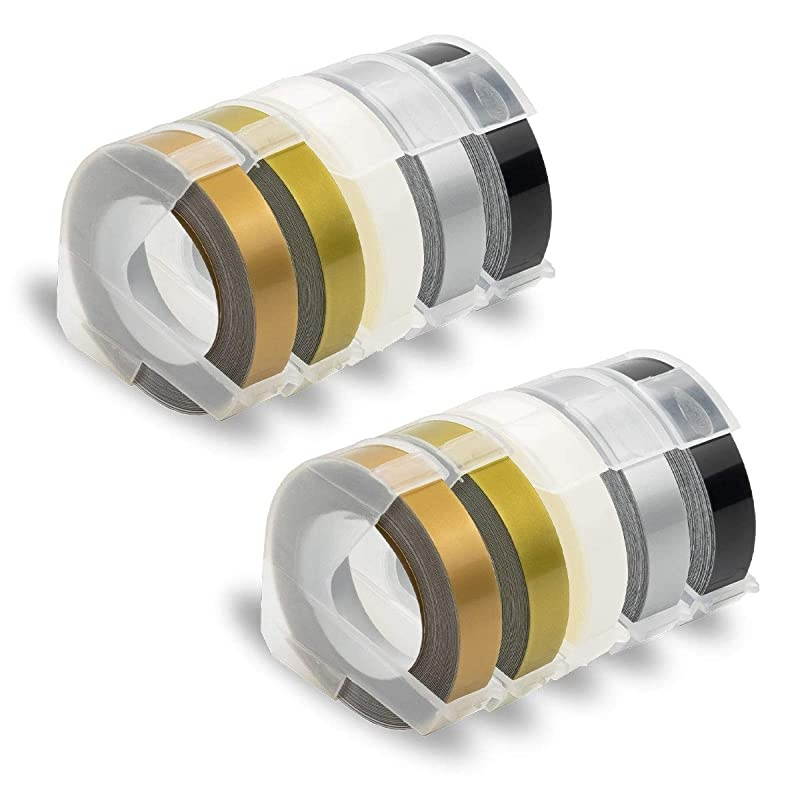Durable Plastic 3D Embossing Tape SelfAdhesive Compatible for Dymo Label Makers Organizer Xpress Pro 38 Inch X 98 Feet White on BlackSilverClearGoldChampagne Gold 10Pack