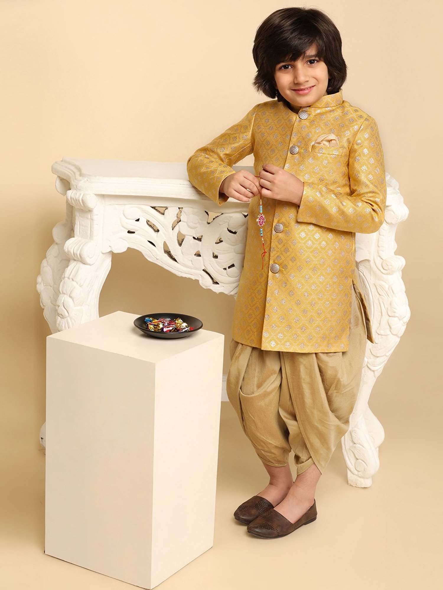 AJ Dezines Kids Black Embellished Full Sleeves Sherwani with Pants