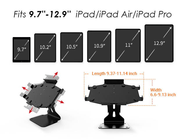 Beelta Tablet Stands Adjustable for 9.7''-12.9'', Compatible with all series of iPad, iPad Air and iPad pro, Business Desktop Retai POS iPad Stand for Desk, Key locked, Metal, Black