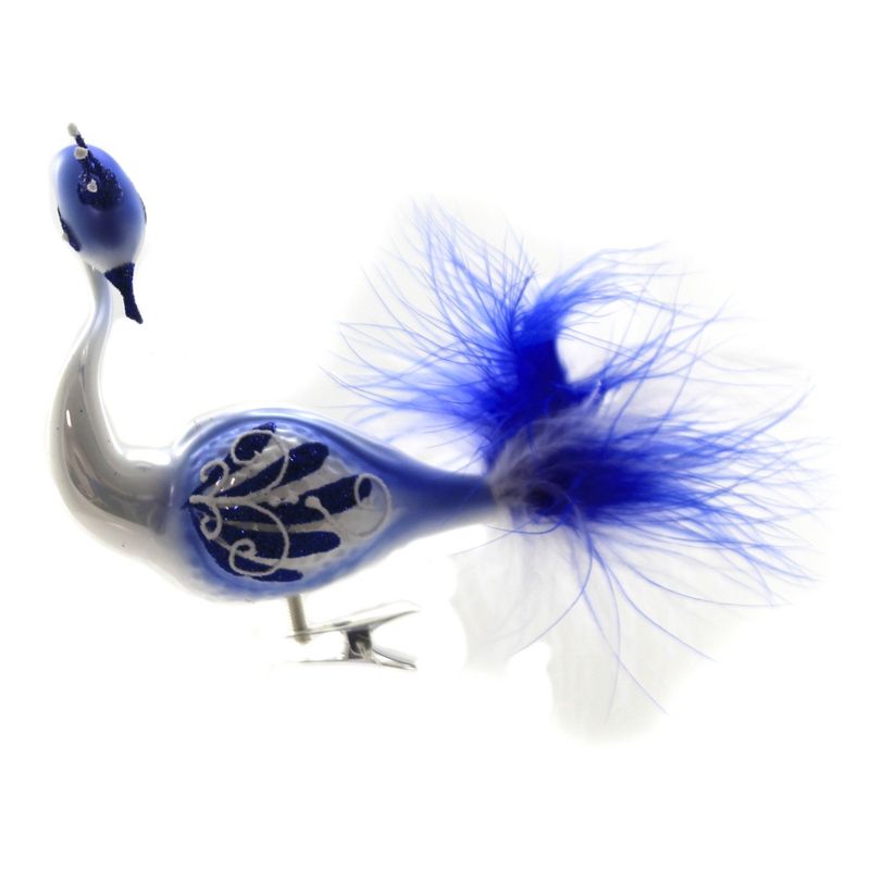 Golden Bell Collection 4.0" Blue & White Clip On Peacock Ornament Bird Feather Crown  -  Tree Ornaments