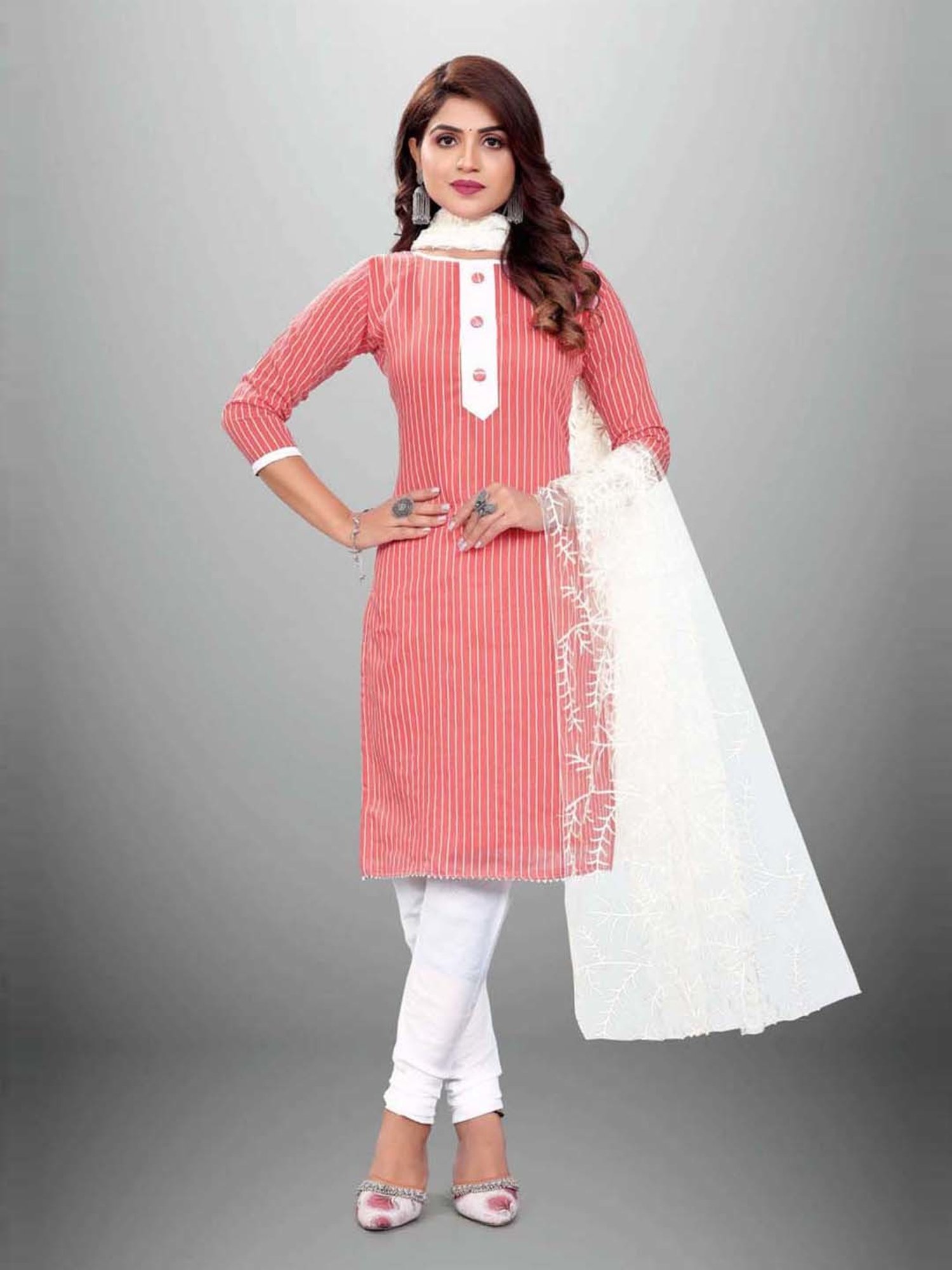 APNISHA Peach & White Cotton Striped Unstitched Dress Material