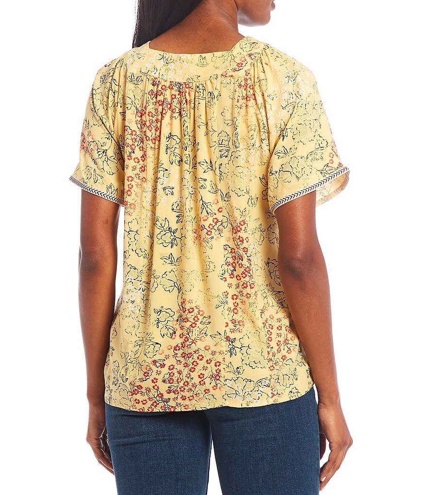 One World Apparel Jacquard Square Neck Short Sleeve Yellow Multi Floral Print Top