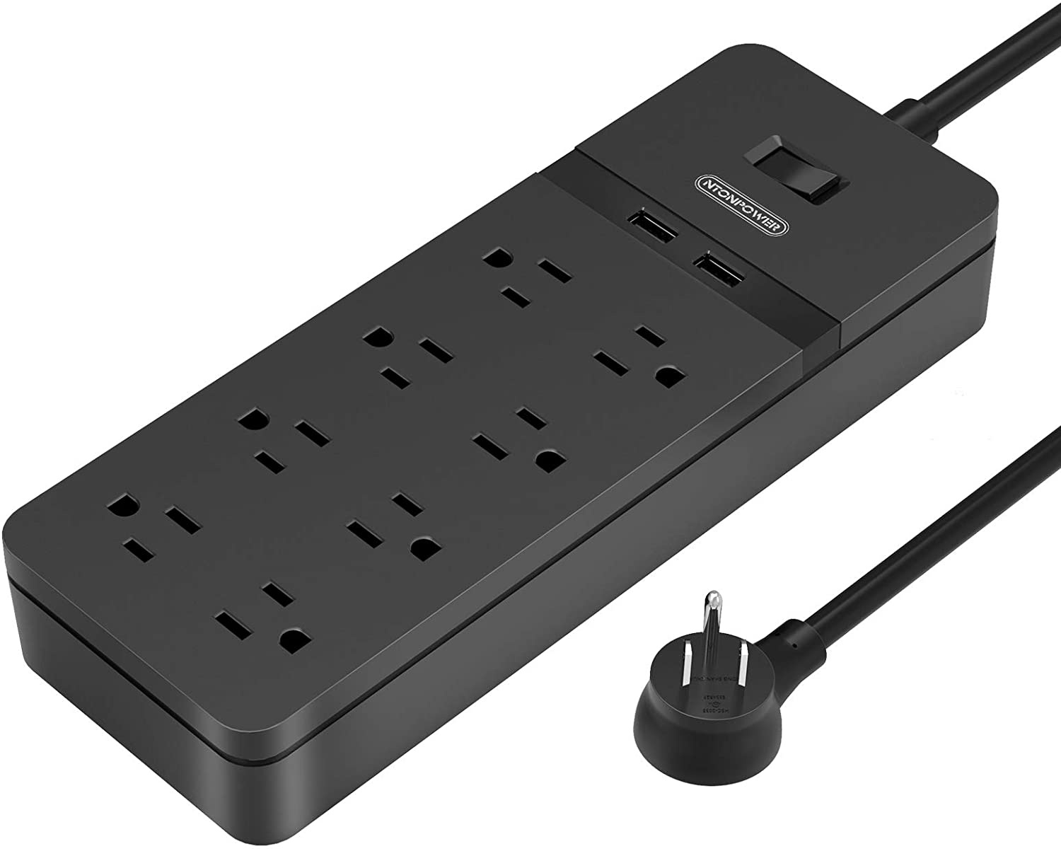 Surge Protector Power Strip with USB - NTONPOWER Flat Plug Extension Cord 5FT, 6 Outlets 2 USB Desktop Charging Station, ETL Listed, 15A Circuit Breaker, Wall Mount for for Home and Office - Black