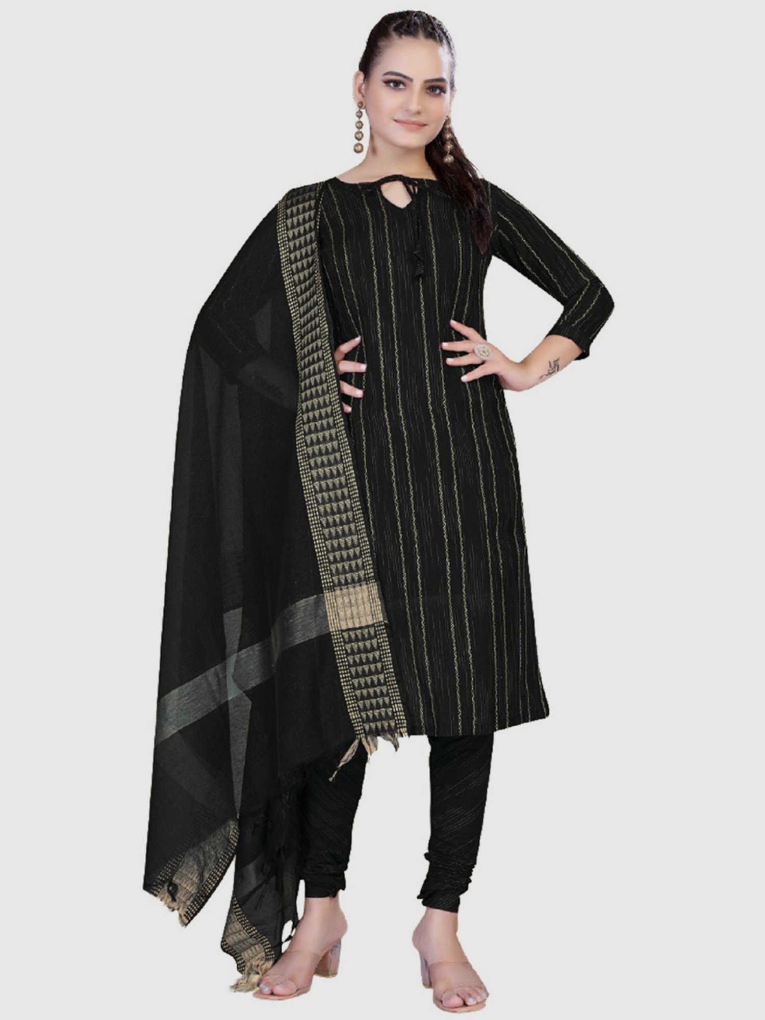 APNISHA Black Cotton Striped Unstitched Dress Material