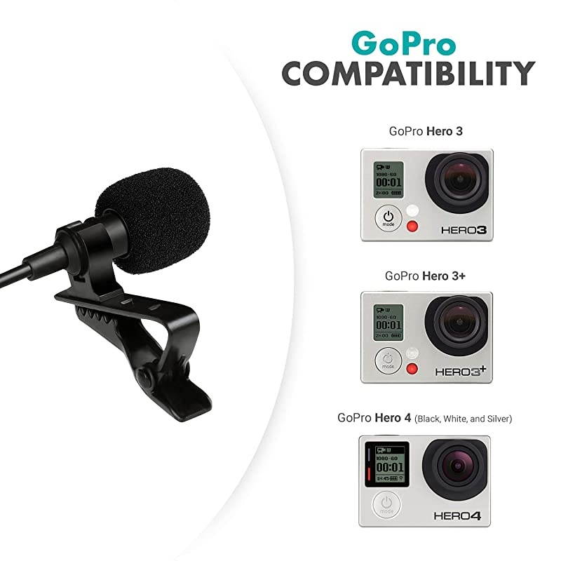 GM100 Clipon Lavalier Microphone for Compatible with GoPro HERO3 HERO3+ and HERO4 Black White and Silver Editions Includes Mic Adapter for Go Pro