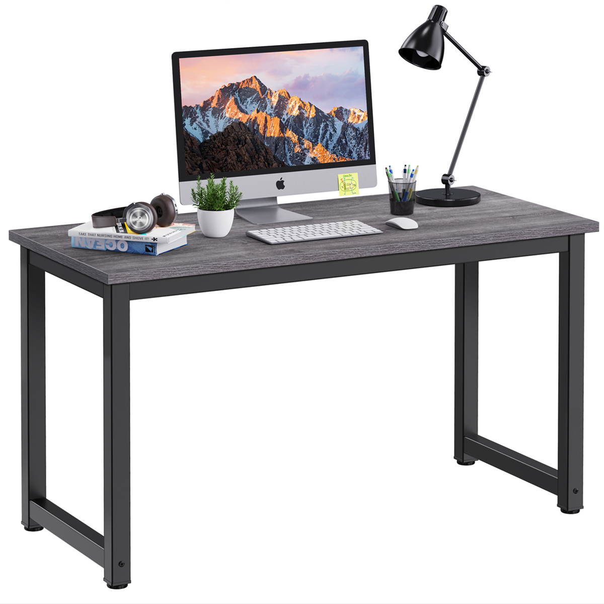 HOMEMAXS Computer Desk Table 47" Study Writing Table for Home Office, Modern Sturdy Office Desk for Small Spaces with Bookshelf Grey