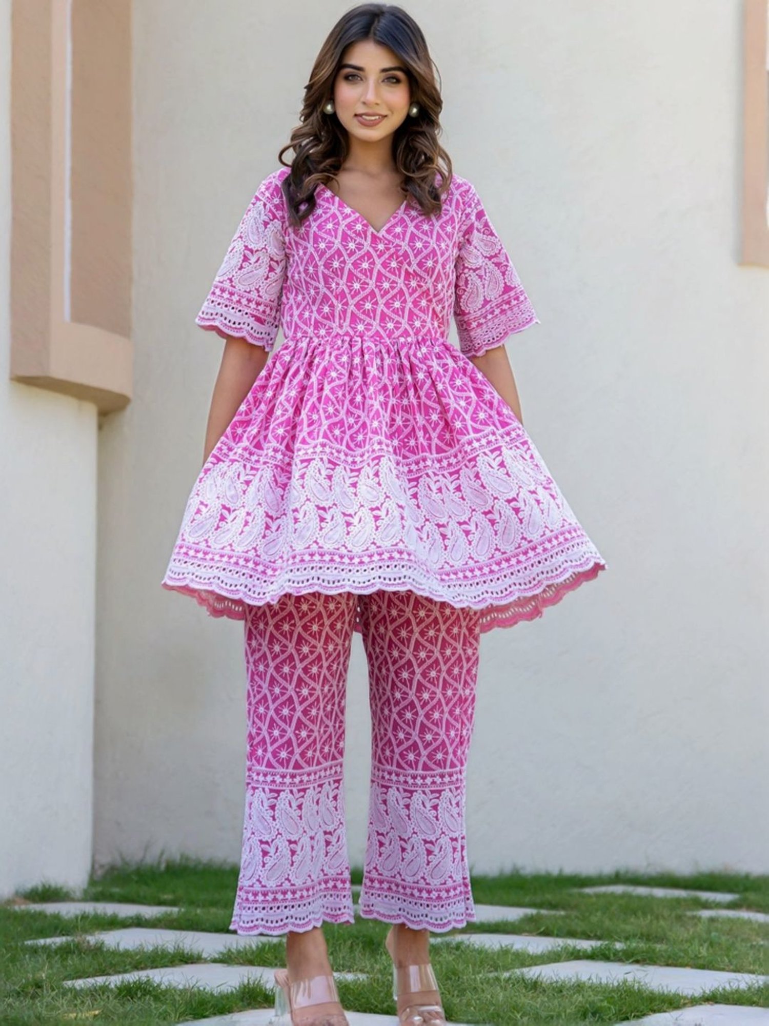 HOUSE OF JAMOTI Pink Cotton Embroidered Tunic Pant Set