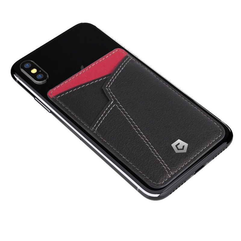Cobble Pro [Genuine Leather] Stick-On Leather Card Holder Wallet Card Holder for Back of Phone, Black & Red