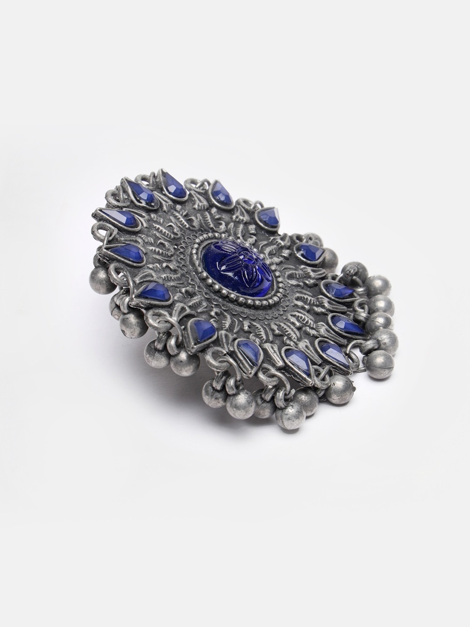 Moedbuille Blue Agate Crystals Studded Filgree Work Oxidised Silver Plated Handcrafted Finger Ring