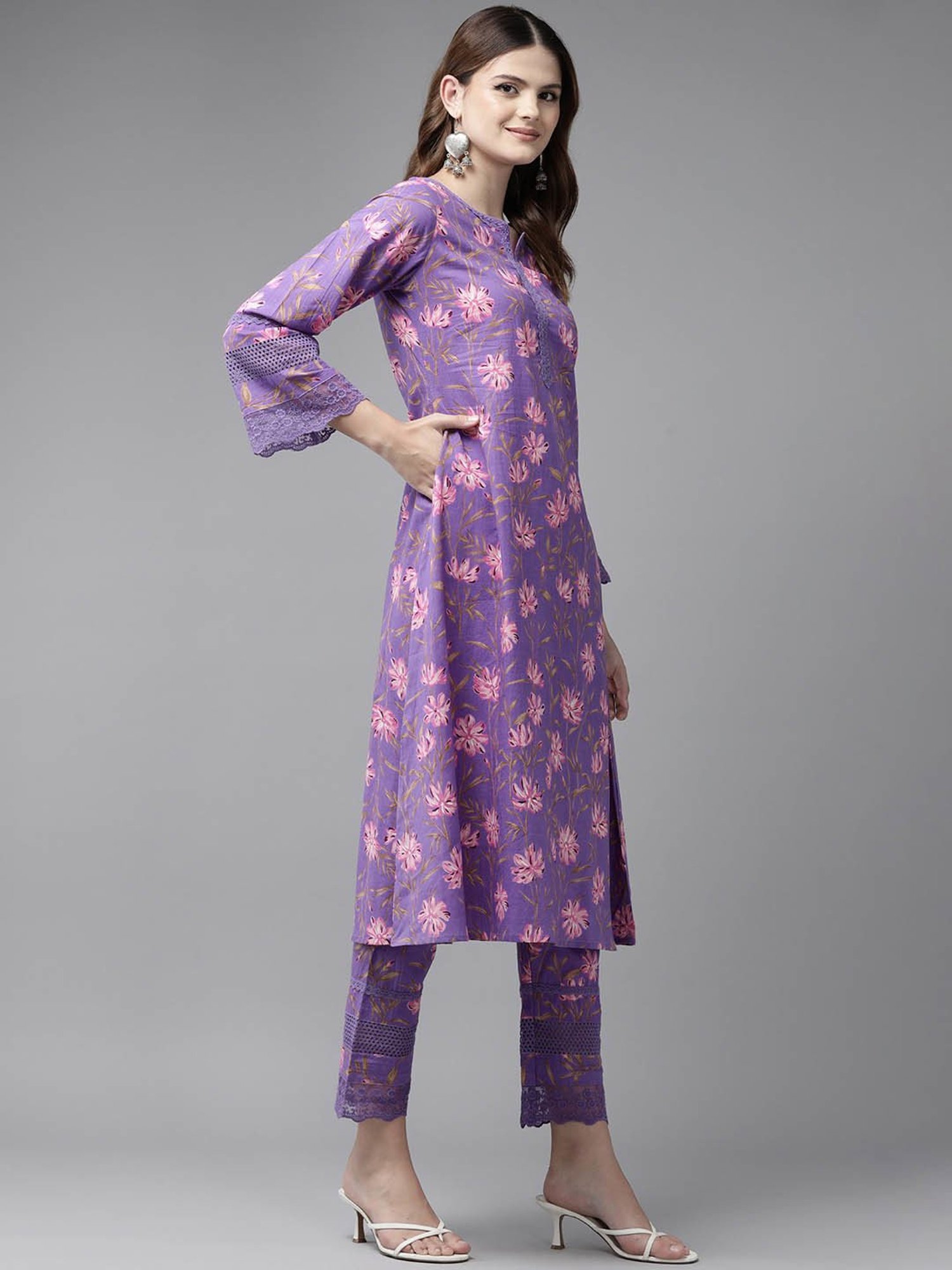 Yufta Purple Pure Cotton Floral Print Kurta Pant Set