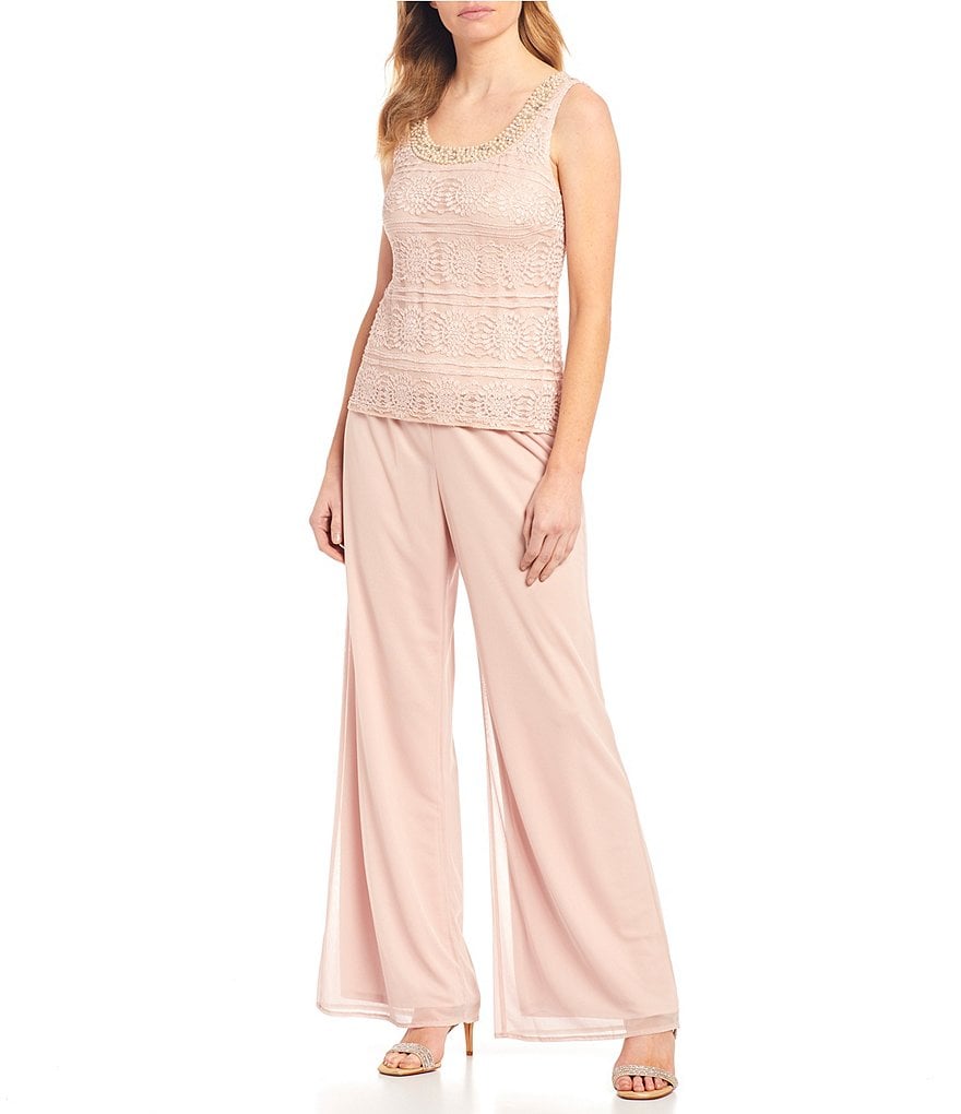 R & M Richards Petite Size Glitter Chiffon Lace Duster 3-Piece Pant Set