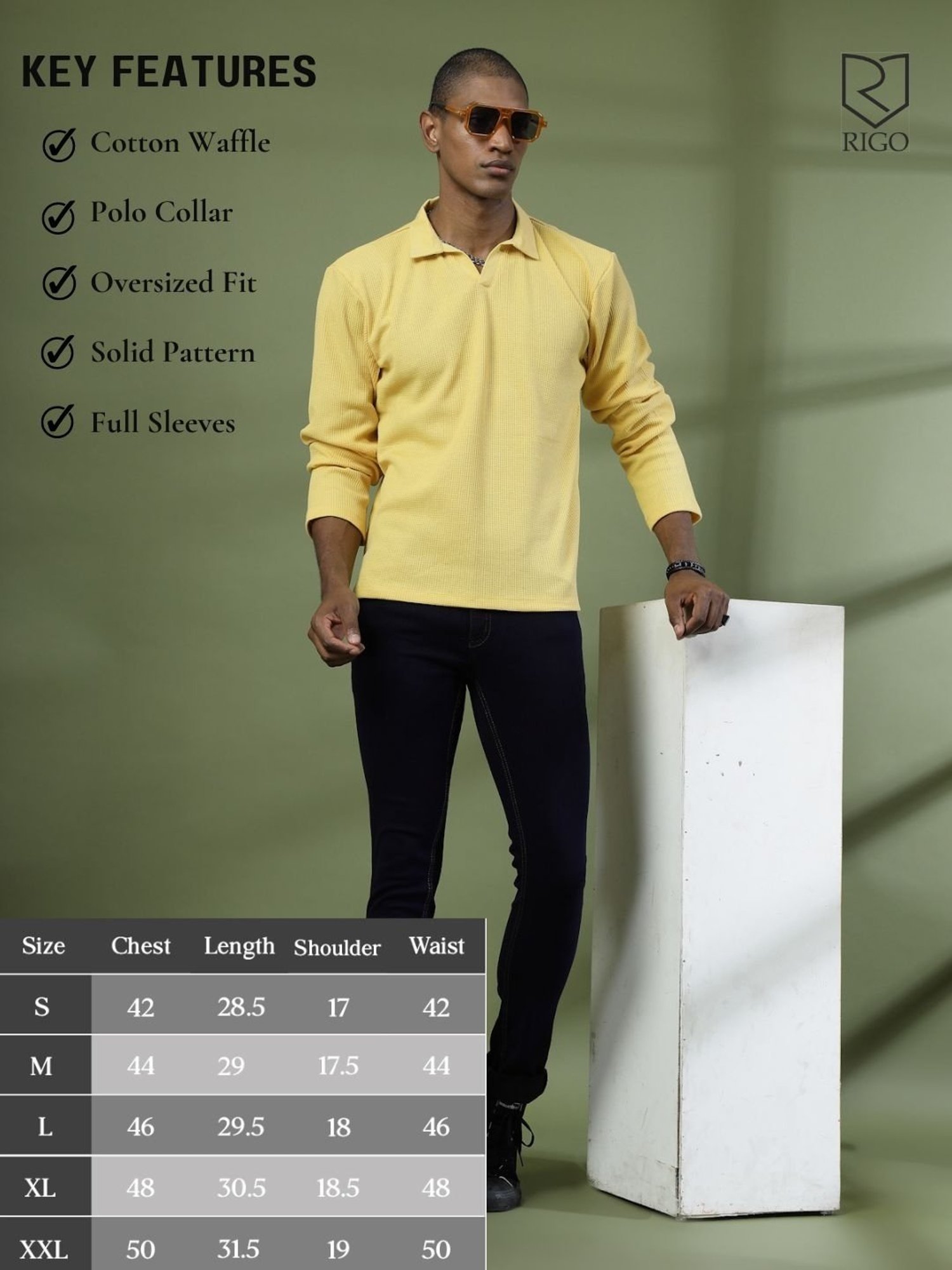 Rigo Yellow Cotton Boxy Fit Texture Polo T-Shirt