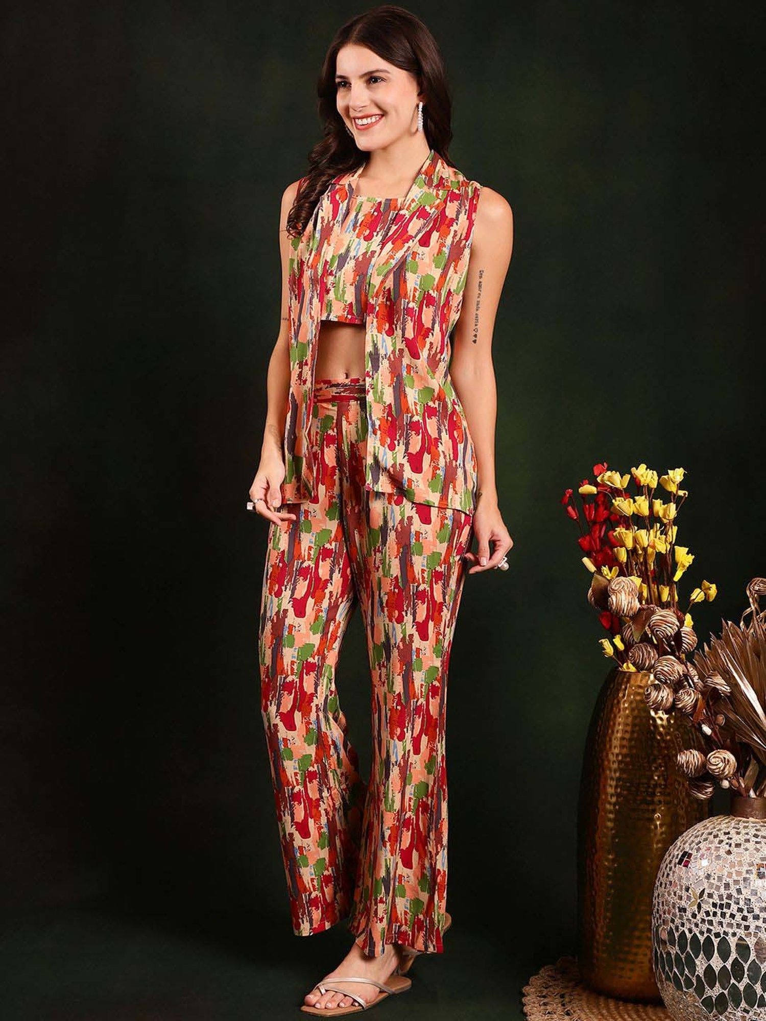 Claura Red Printed Crop Top Pants Set With Jacket