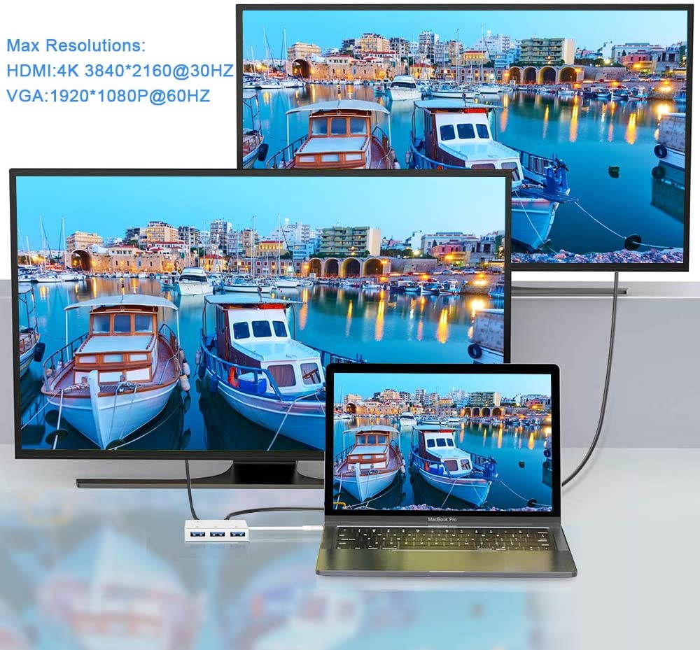 USB C to HDMI VGA Adapter, USB C Hub with 4K HDMI/1080P VGA/USB 3.0, Type C Hub USB C Adapter Video Converter for MacBookPro,ipad Pro,Chromebook,Samsung Galaxy,Dell XPS