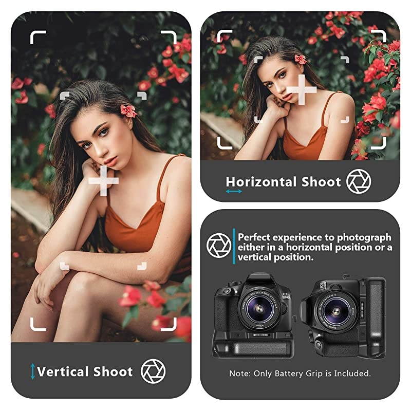 Vertical Battery Grip with 2 Pieces LPE10 Battery Replacement for Canon EOS 1100D 1200D 1300D Rebel T3 T5 T6