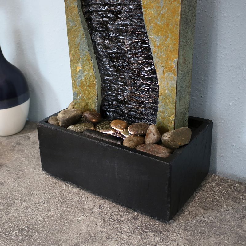 Sunnydaze Indoor Relaxing Home Office Bending Slate Tabletop Water Fountain with LED Light - 17" - Black