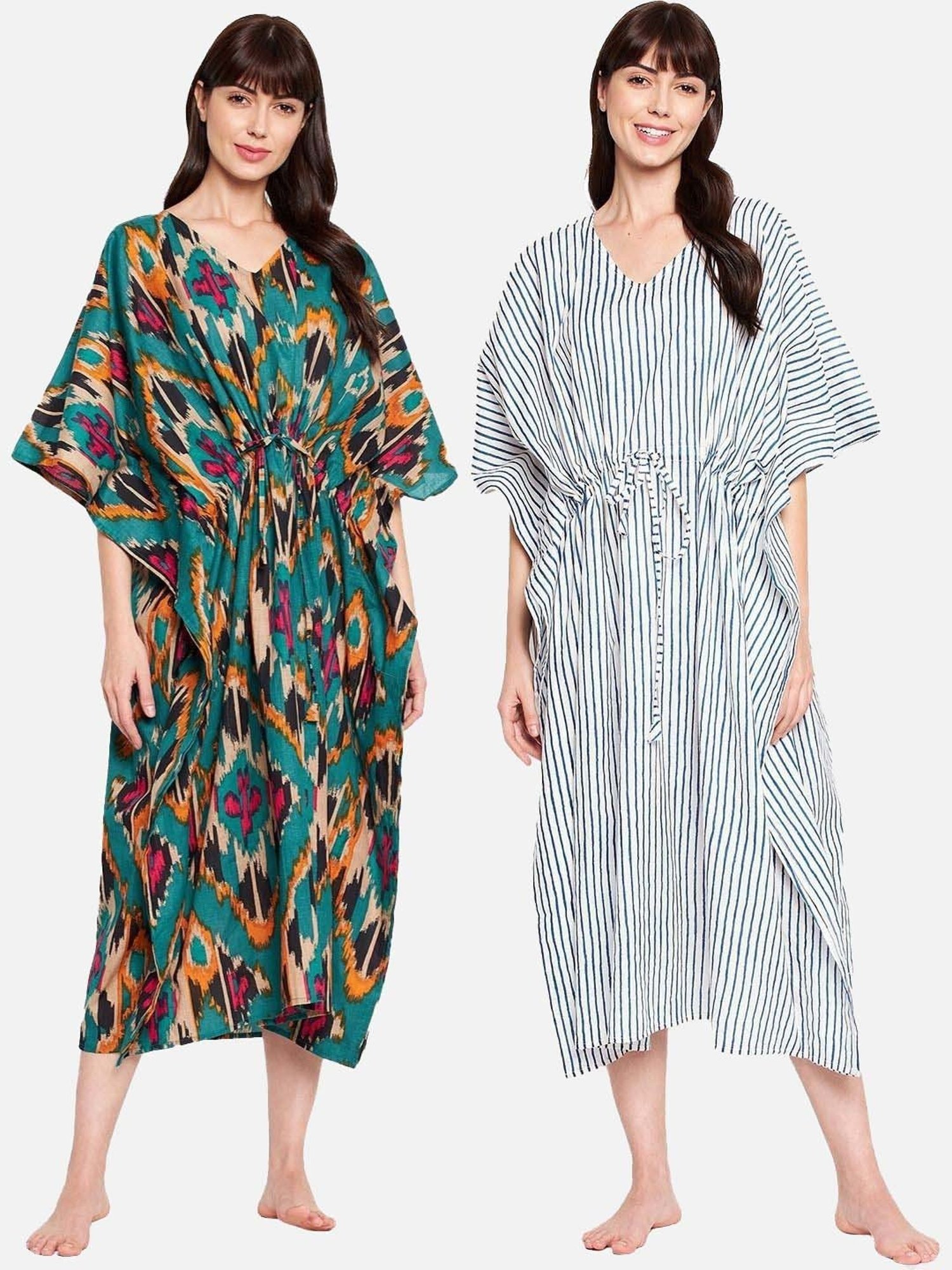 Secrets By ZeroKaata Green & Blue Cotton Printed Kaftan - Pack Of 2