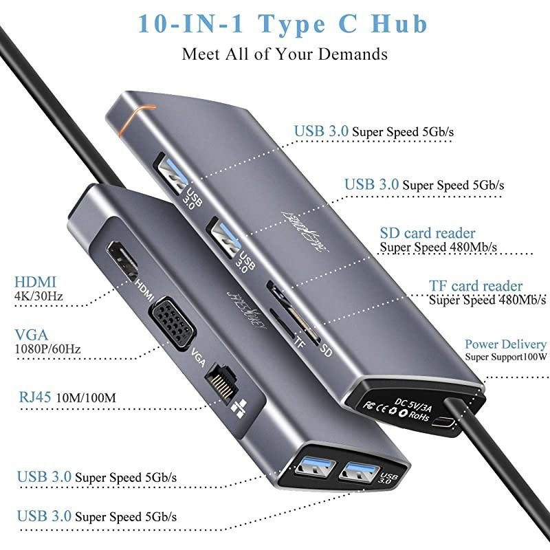 USB C Hub, 10 in 1 USB C Adapter, Type C Hub with Ethernet Port, 4K USB C to HDMI, VGA, USB-C 100W Power Delivery, 4 USB3.0, SD TF Card Reader, Works for MacBook/Pro/Air and Type C Windows Laptop