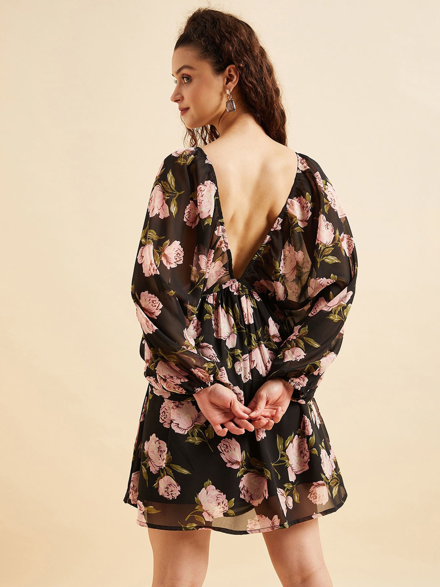 PANIT Black Floral Print Ethnic Dress