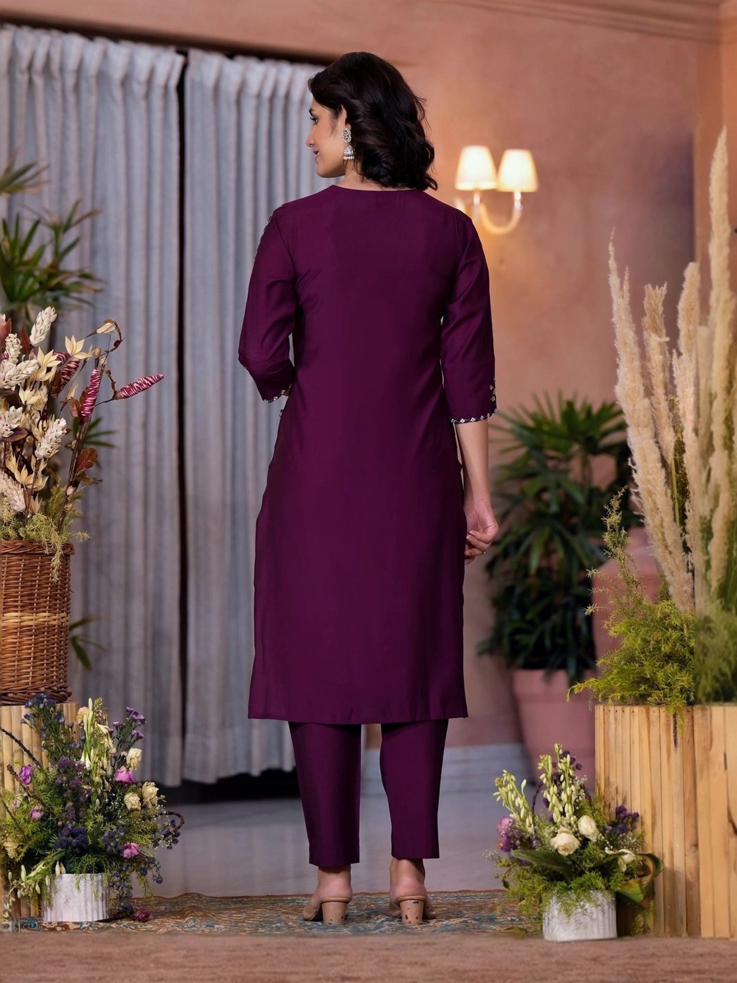 Juniper Maroon Embroidered Kurta Pant Set With Dupatta