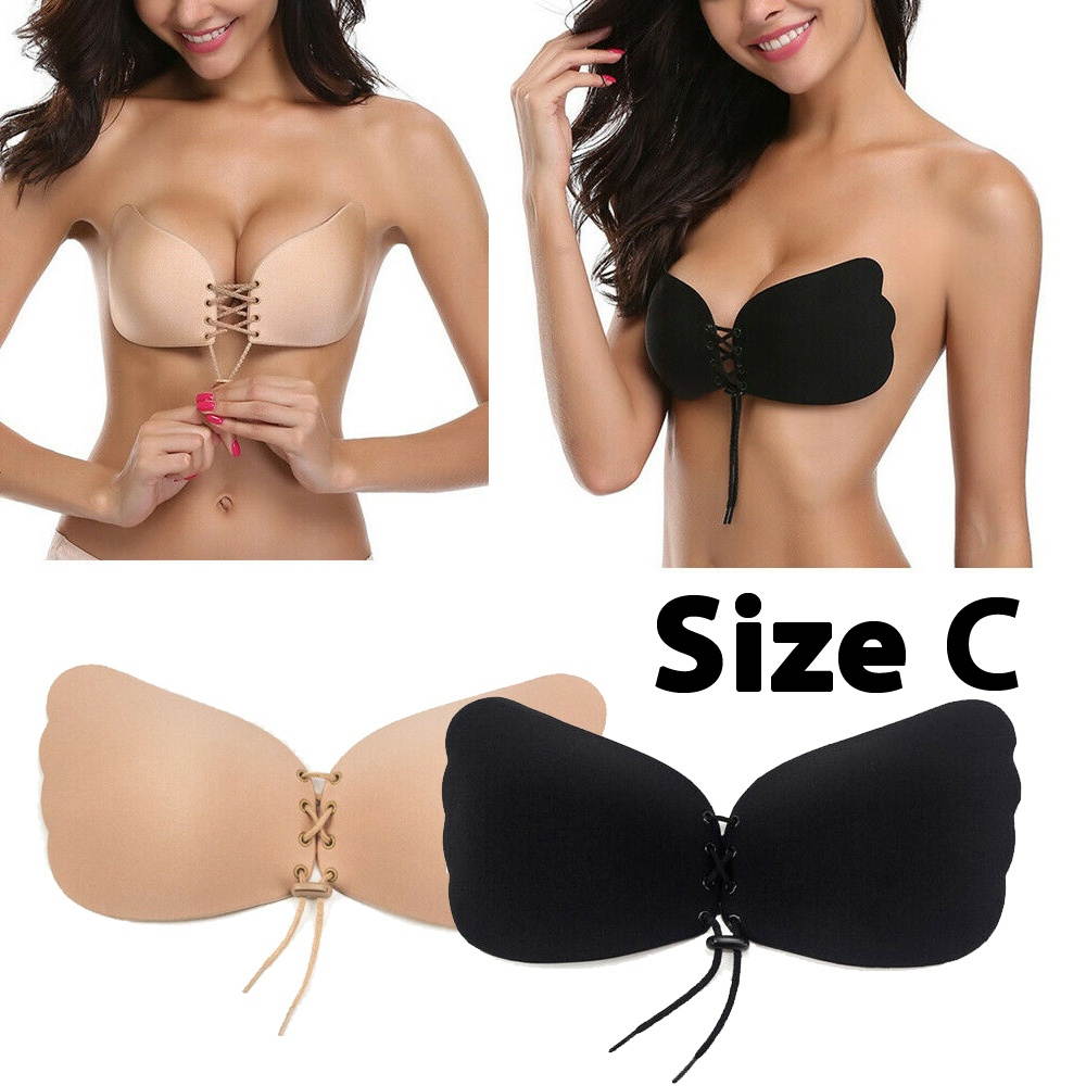2-Pack [Beige+Black] Strapless Backless Bra Push Up Silicone Breast Lift Bras