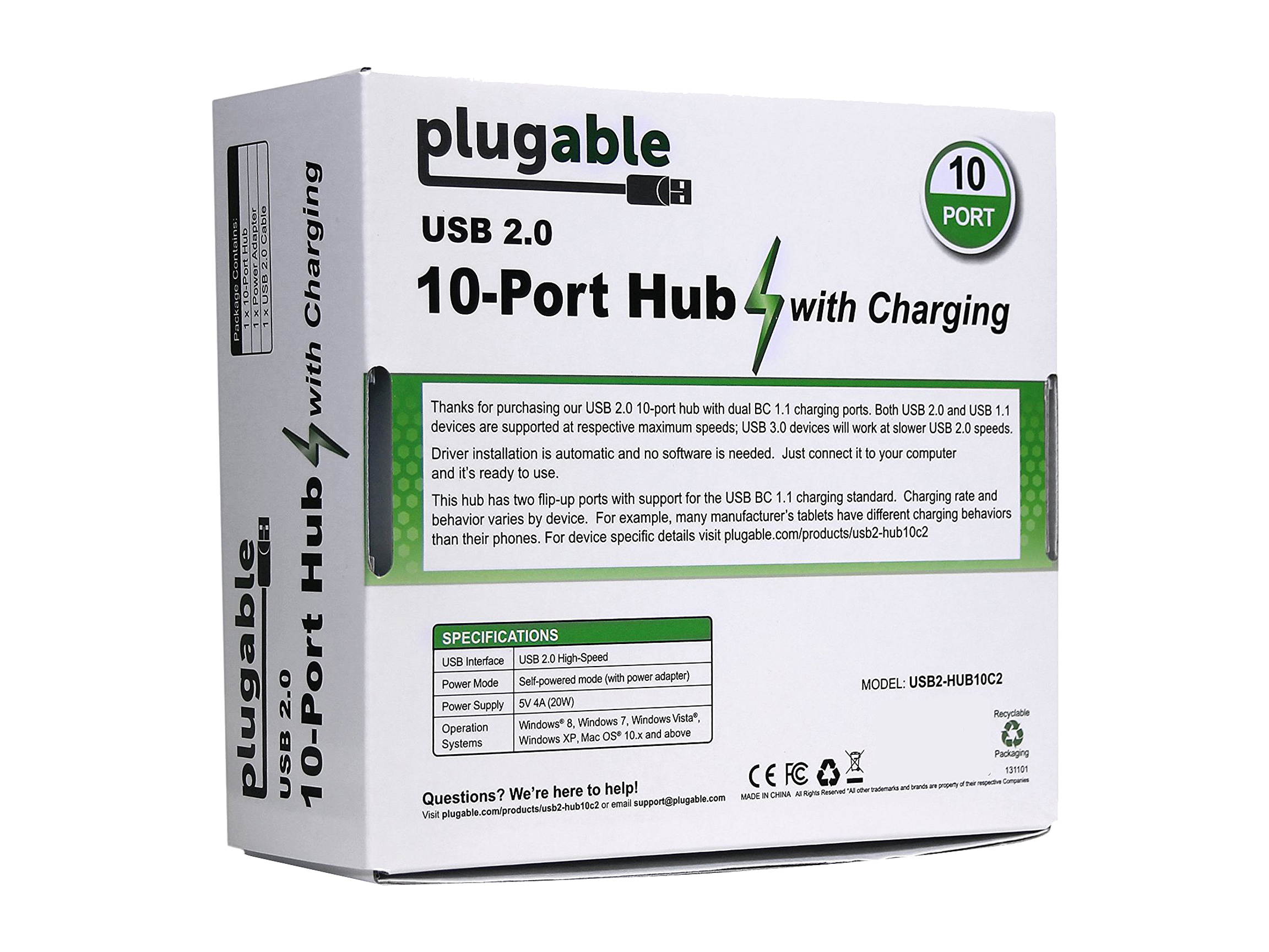 Plugable USB Hub, 10 Port - USB 2.0 with 20W Power Adapter and Two Flip-Up Ports