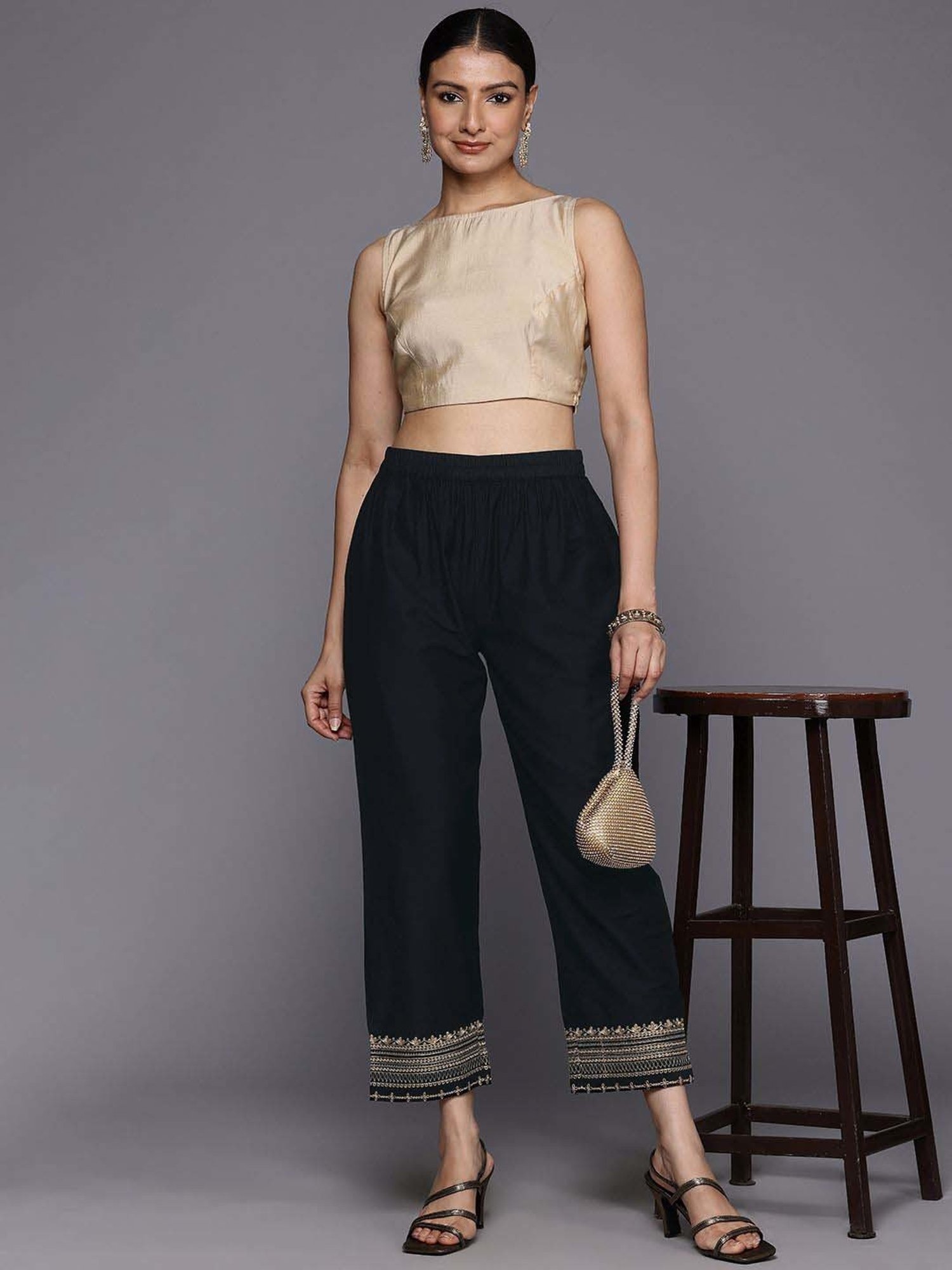 Varanga Black Cotton Embroidered Pants