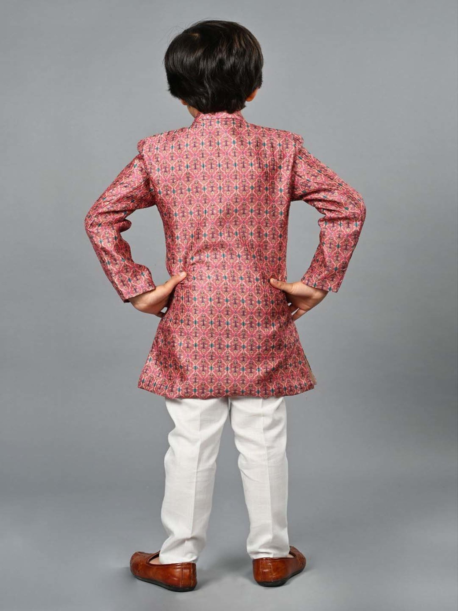 Ahhaaaa Kids Pink Embellished Full Sleeves Sherwani Set