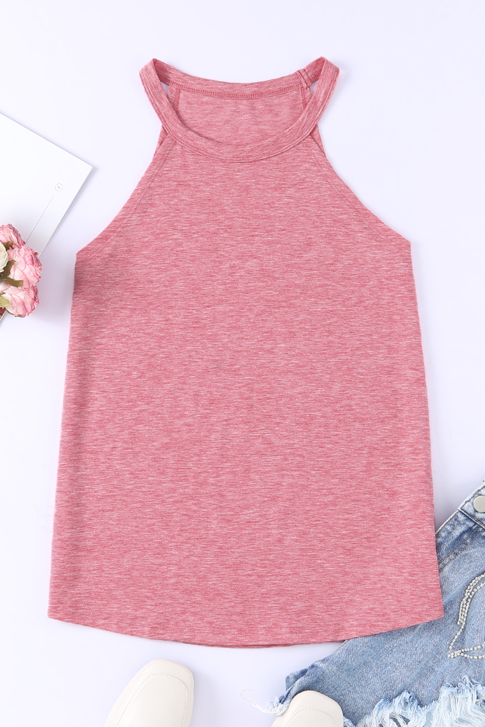 Pink Casual Solid Color Crew Neck Tank Top