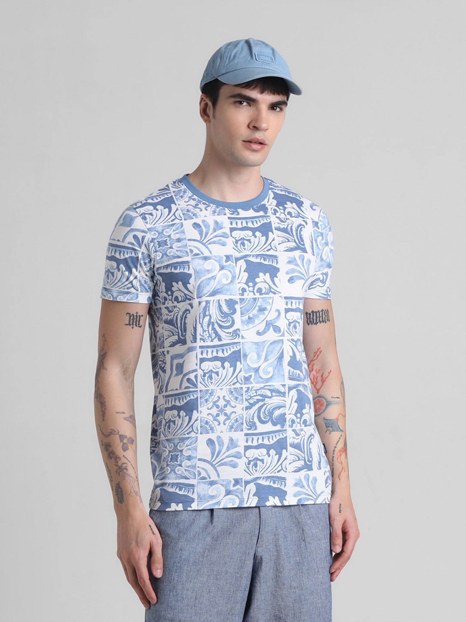 Jack & Jones Blue Ashes Cotton Slim Fit Printed T-Shirt