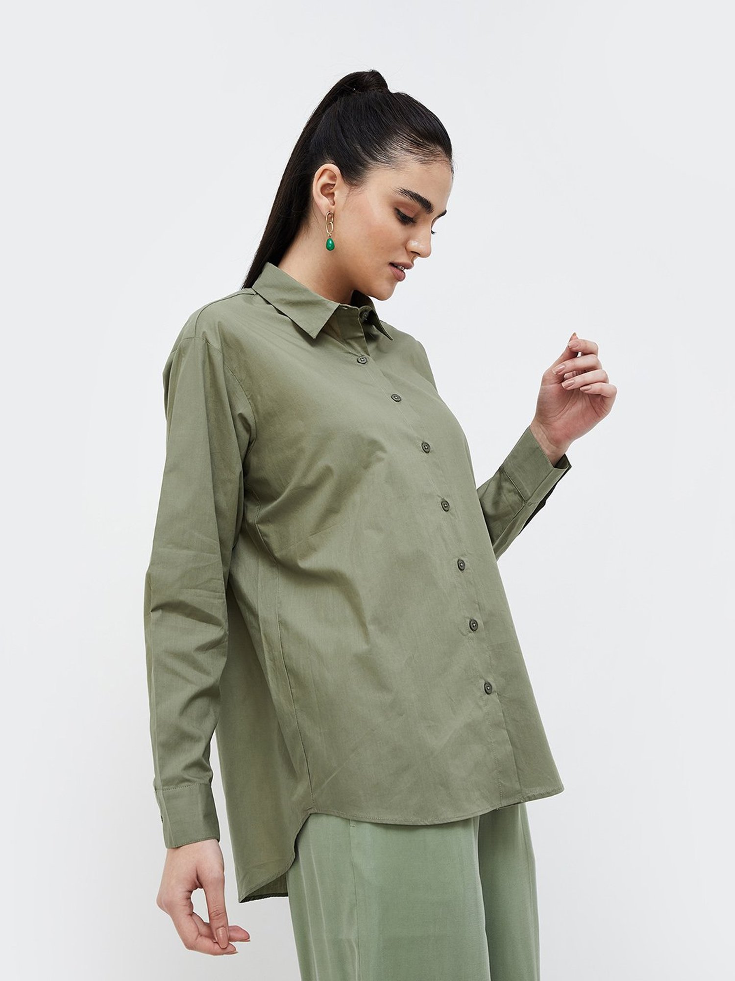 Code by Lifestyle Sage Green Cotton Regular Fit Top