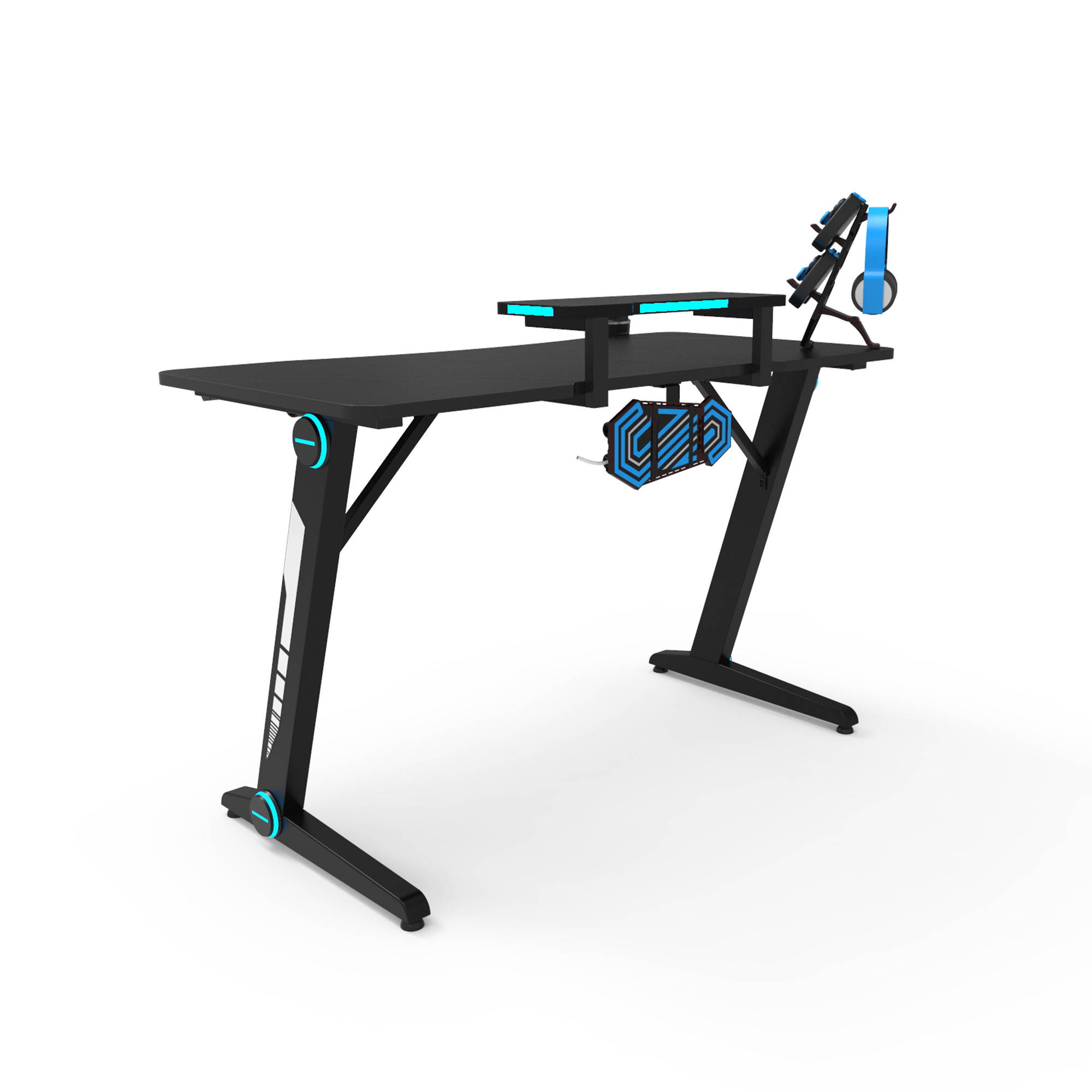 Z-Shaped Gaming Desk Home Office Computer Desk Gamer Workstation with Monitor Stand Carbon Fiber Surface Gamer Table with RGB Lights Cup Holder Headphone Hook Plug Board Holder