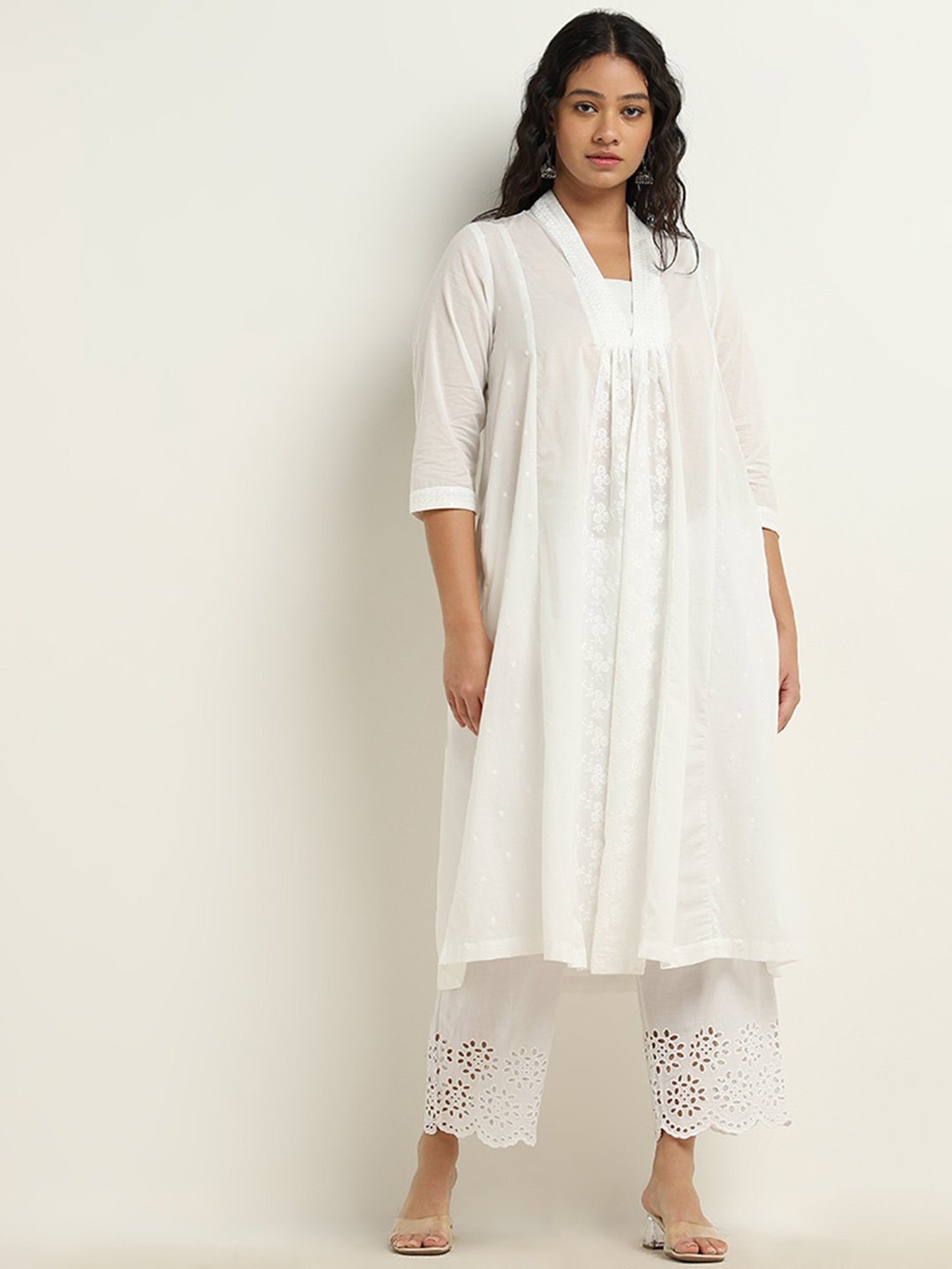 Diza by Westside White A-Line Embroidered Kurta