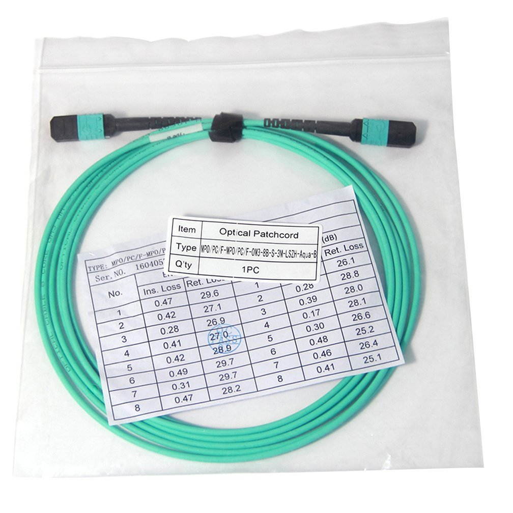 MPO to MPO Fiber Optic Patch Cable, 3-Meter, OM3 Multimode Uniboot, for QSFP+ SR4, 10 Packs