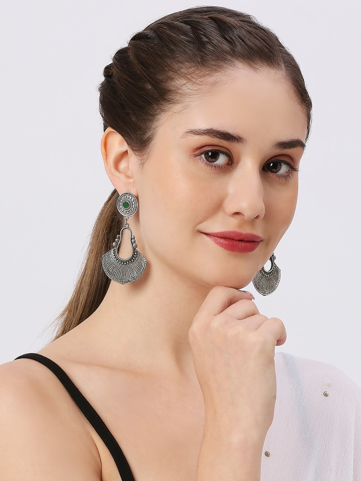 Oomph Jewellery Oxidized Silver Ethnic Silver Look Alike Tribal Design Dangler Earrings