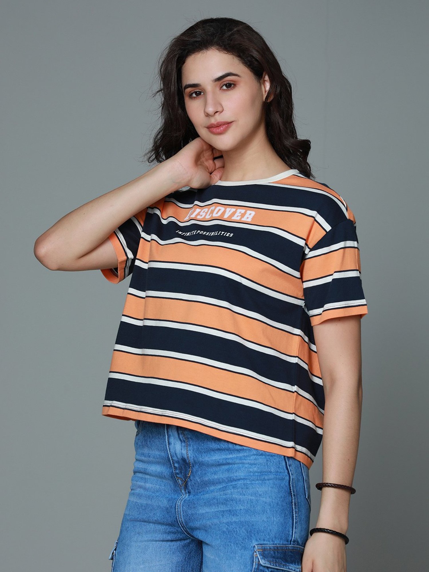High Star Orange Cotton Stripes T-Shirt