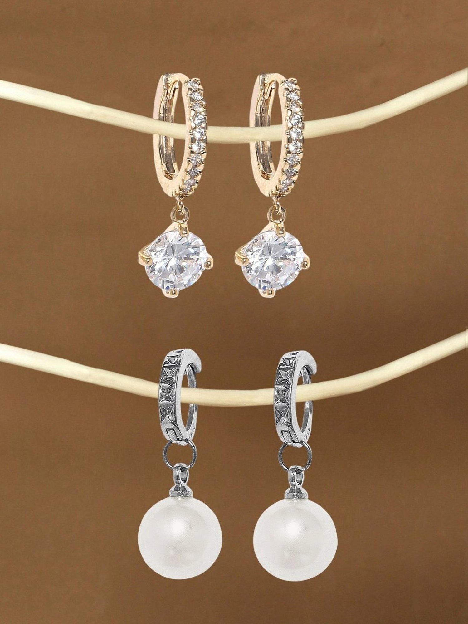 OOMPH Cubic Zirconia & Pearl Drop Earrings for Women - Set of 2