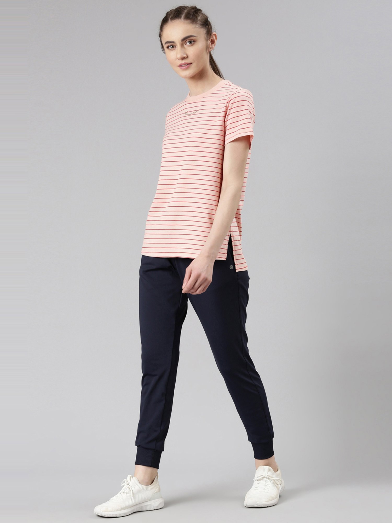 Enamor Salmon Pink Cotton Striped Sports T-Shirt