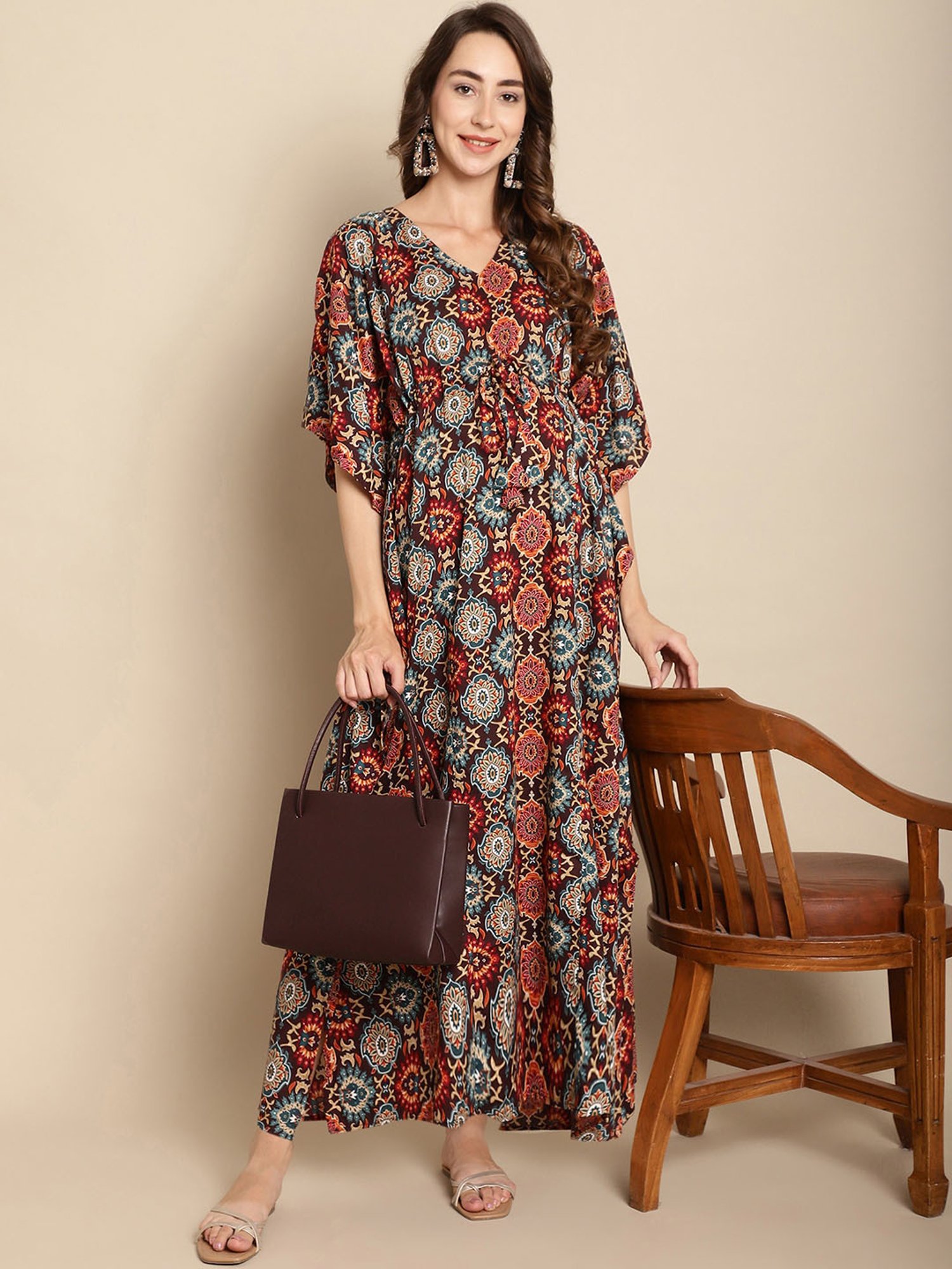Secret Wish Maroon Printed Maternity Kaftan Nighty