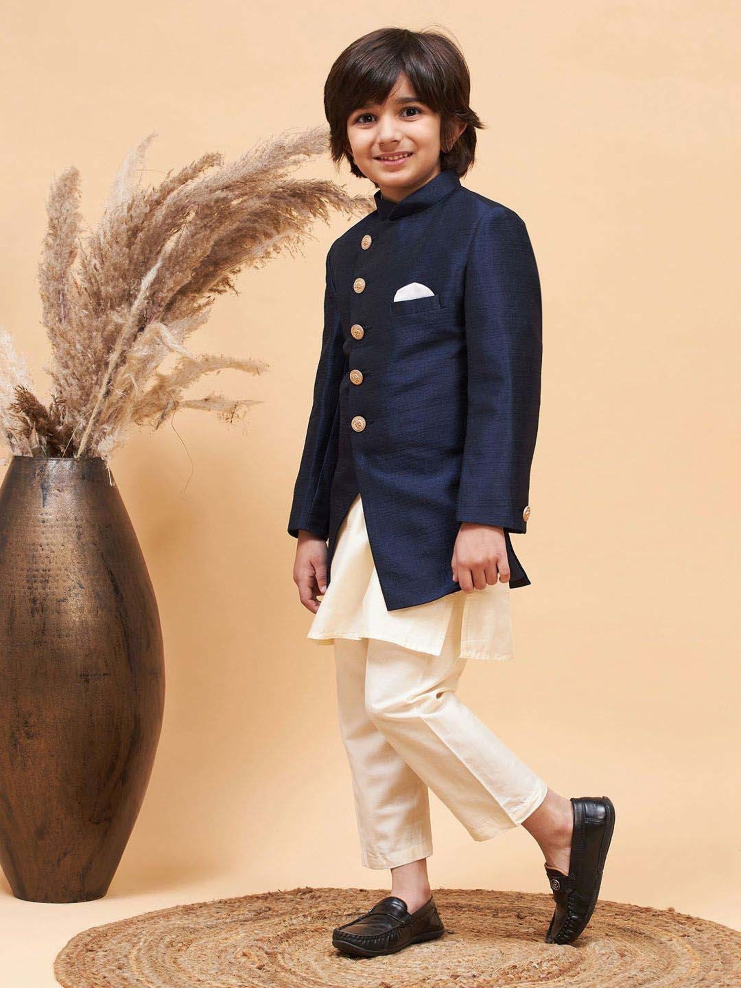 VASTRAMAY Boys Navy & Cream Solid Full Sleeves Indowestern Sets